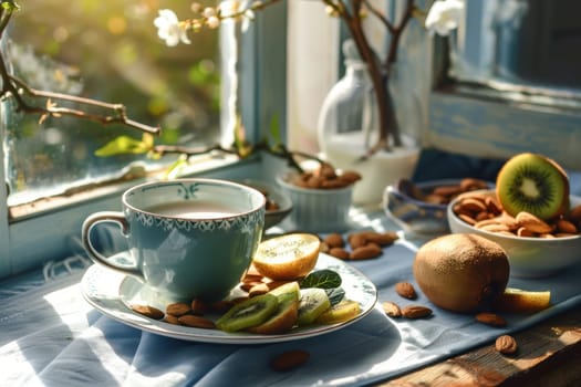 A serene morning scene featuring a breakfast table with a fresh sliced kiwi, almonds, and a cup of warm milk. the setting is bathed in soft natural light, ideal for promoting restful sleep. perfect for health and wellness themes.