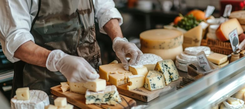 A small business owner arranges an assortment of gourmet cheeses in an elegant specialty shop. the display includes a variety of textures and flavors, offering customers a sophisticated cheese experience catered to culinary enthusiasts.