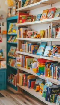 A lively children's bookstore adorned with vibrant books and whimsical decorations, creating a welcoming and fun environment. the playful design invites young readers to explore the diverse collection on neatly organized shelves.