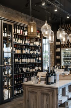 A chic wine shop showcases an inviting atmosphere with a focus on high-quality wines. the display features elegant wine racks and sophisticated decor, reflecting the dedication of a small business owner to create a luxurious retail experience.