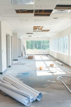 Bright, modern office space showcases professionals collaborating over architectural blueprints for renovation. open floor plan with unfinished ceiling and floor detailing, design and construction elements in a light-filled setting.