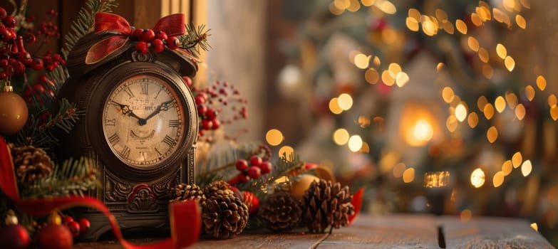 Mantel clock strikes midnight surrounded by festive decorations, pinecones, and warm ribbons. a cozy fire glows in the background with christmas stockings, creating a festive and inviting holiday atmosphere.