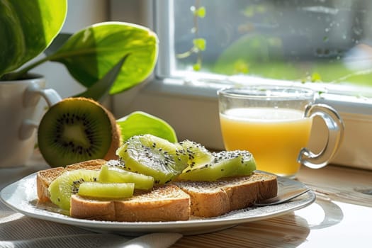 Whole grain toast topped with fresh kiwi slices paired with a warm drink, set against a backdrop of natural morning light, creating a tranquil and inviting breakfast scene. ideal for concepts of healthy eating and serene mornings.