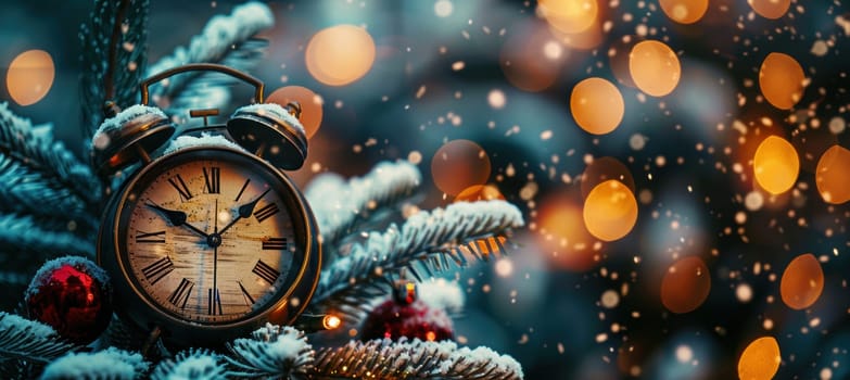 A sophisticated christmas scene showcasing a classic clock at midnight surrounded by festive holiday decorations. featuring a beautifully adorned christmas tree and a backdrop of twinkling lights, ideal for elegant seasonal promotions.