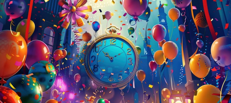 Midnight clock surrounded by vibrant balloons, streamers, and festive decorations, evoking the excitement of new year celebrations. the colorful party atmosphere joy and anticipation of welcoming a new year with friends.