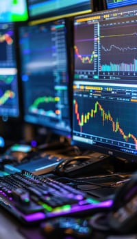 Financial analyst's workspace featuring multiple computer screens displaying intricate stock market data and graphs. the high-tech setup emphasizes data analysis, with a focus on market trends, trading, and financial strategies.