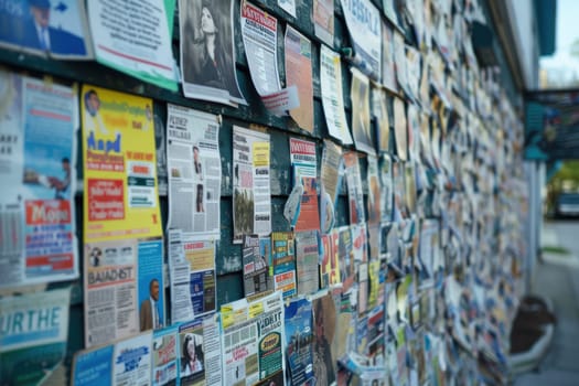A community bulletin board filled with voter education materials such as posters, brochures, and flyers. the scene highlights the accessibility of information, emphasizing civic engagement and awareness within a public space.