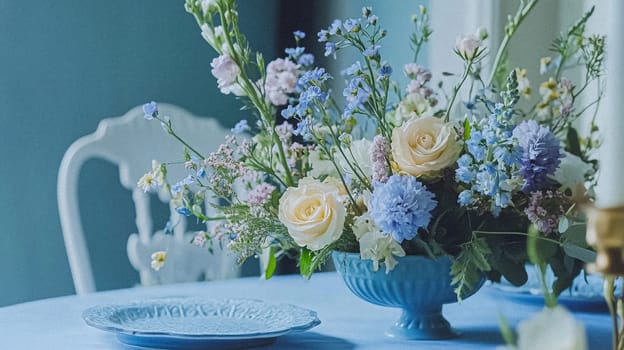 Elegant cottage or country house room, blue colour interior design and home decor, furniture and soft furnishing fabric and upholstery, English countryside style idea