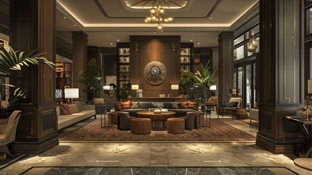Luxurious hotel lobby featuring elegant sofas, a central round table, and intricate decor. large windows brighten the space, while woven pendant lights and lush plants add warmth. ideal for attracting guests seeking a premium experience.