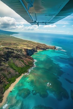 A small plane flies over a stunning coastline with turquoise waters and sandy beaches. the couple on board captures breathtaking views and photographs, showcasing a thrilling adventure in a serene and picturesque setting.