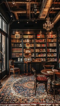 Elegant and stylish bookstore featuring themed displays that enhance the inviting atmosphere. shelves filled with diverse books create a perfect haven for book lovers. warm lighting and tasteful decor add to the cozy ambiance.