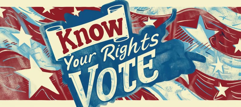 Vibrant digital ad showcasing diverse group of individuals united by a compelling "know your rights and vote" message. the modern art style features bold colors, promoting civic engagement and voter awareness with a powerful call to action.