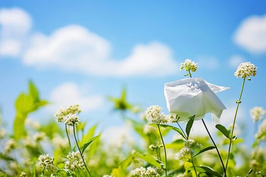 A lush meadow with white wildflowers, a white paper towel and a bright blue sky.