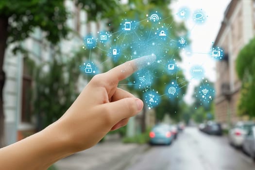 Futuristic technology interface with hand interacting on a digital network concept.
