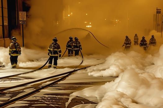 Firefighters battling urban fire using foam at night.