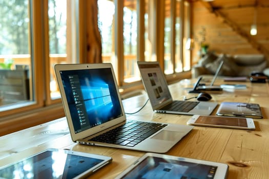 Cozy working space with several devices in a rustic wooden interior.