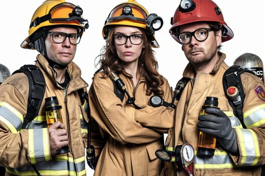 Team of firefighters in uniform with equipment and helmets ready for action.