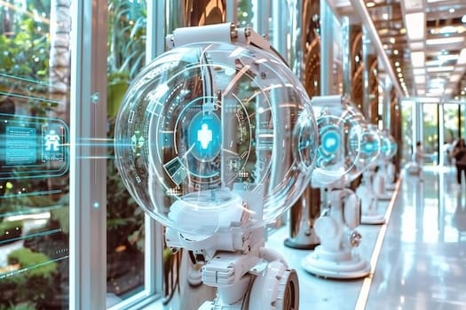 Futuristic robot display in high-tech exhibition setting.