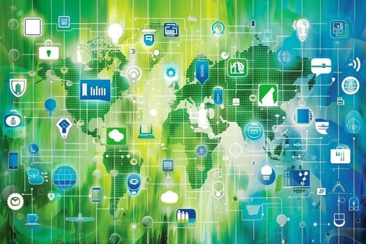 Global digital network concept with data visualization and technology icons.