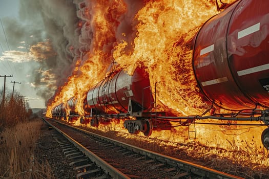 Dramatic train fire emergency scene on railroad tracks for crisis response and safety awareness.