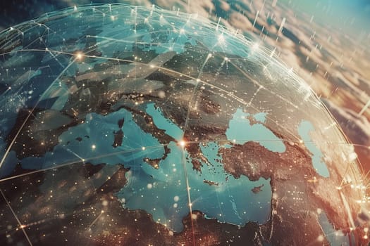 Digital connectivity across the globe at sunrise highlighting network and communication themes.