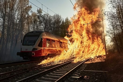 Dramatic scene of train in fire emergency on railway.