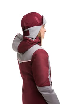 Girl in burgundy and gray working winter clothes and cap isolated cropped rearview