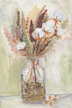 Illustration for presentation of acrylic paintingusing texture paste and gold leaf