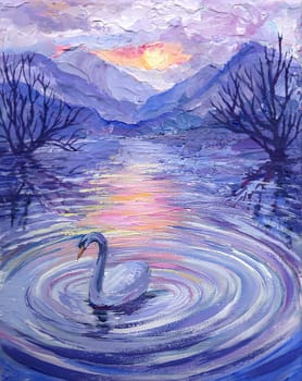 Picturesque painting swan swimming on the lake in purple shades for acrylic painting presentation