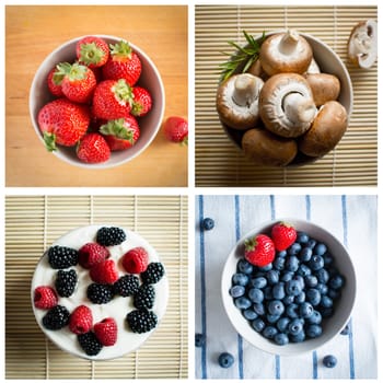 Strawberries, raspberries, bueberries and champignons