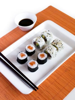 Delicious sushi rolls on white plate with chopsticks