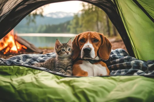 A charming scene capturing the friendship between a dog and a cat snuggled together in a camping tent by a serene lake, surrounded by nature.