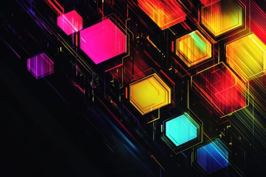 Dynamic abstract art featuring colorful hexagonal shapes on a dark background, creating a vibrant and modern visual experience. Perfect for digital themes.