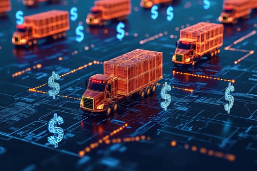 This image showcases a futuristic logistics concept with trucks and money symbols, emphasizing digital innovation in supply chain management and transportation efficiency.