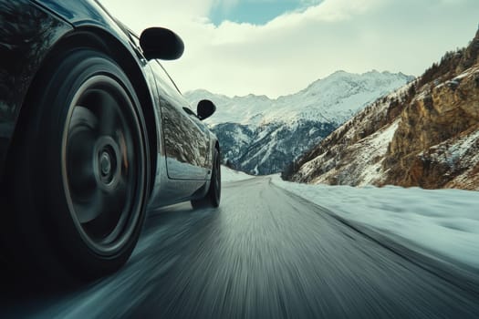 A dynamic image of a sleek sports car navigating a snowy mountain road, showcasing the thrill of winter driving. The stunning landscape features majestic peaks and serene skies.