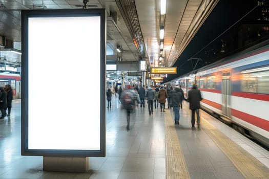 A vibrant railway station platform at night filled with blurred passengers waiting for trains. The scene captures the energy and motion of urban transportation.