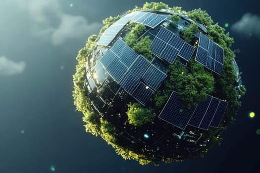 A captivating image of a green planet adorned with solar panels and lush vegetation, showcasing a harmonious blend of technology and nature that promotes sustainability.