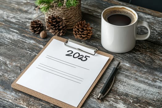 A cozy workspace scene featuring a coffee mug, a clipboard for 2025, and pinecones, creating a perfect blend of relaxation and productivity for planning.