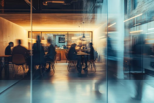 A contemporary office environment showcases individuals engaged in work and collaboration, emphasizing movement and energy within the space.