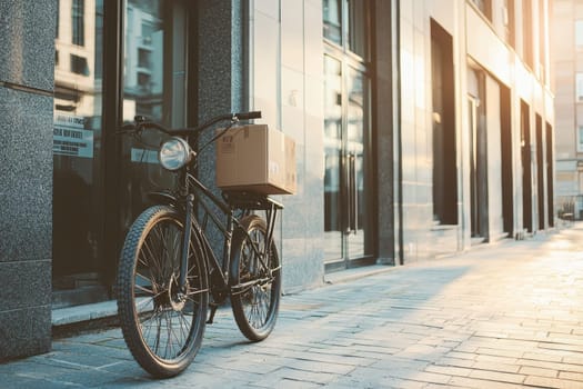 A classic bicycle rests against a city building, carrying a package under warm sunlight. Capture the essence of urban delivery and vintage charm.
