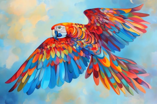 A stunning illustration of a vibrant colorful parrot soaring gracefully through a dreamy blue sky, showcasing its intricate feathers and lively spirit.