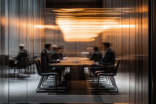 A blurred image of a business meeting in a modern office, featuring professionals seated around a table under warm golden light, capturing an ambience of focus and collaboration.