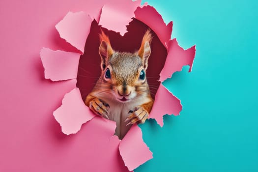 A cheerful squirrel peeks through a vibrant torn paper hole in pink and teal colors, showcasing its adorable expression and playful personality.