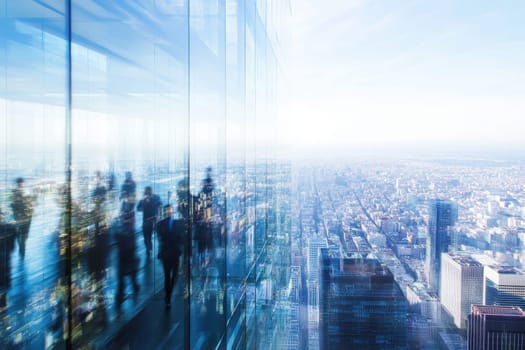 A striking cityscape reflection showing silhouettes of businesspeople in a modern office building under bright daylight. Perfect for themes of work and innovation.