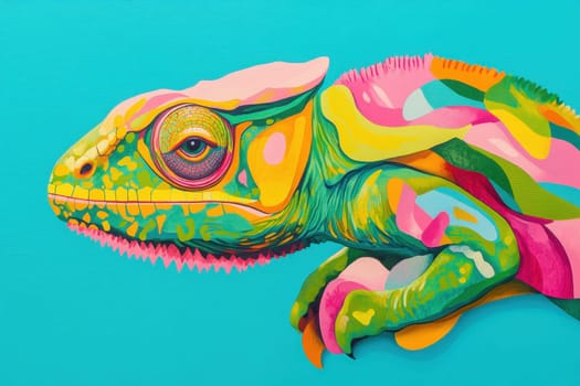 A colorful lizard with a green head and pink feet. The lizard is painted on a blue background