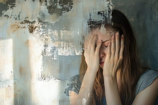 A young woman expresses deep emotion with her hands on her face, set against a textured wall. The image evokes feelings of sadness and introspection.