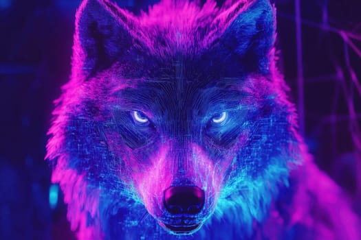 This stunning digital artwork features a wolf with glowing eyes amidst a vibrant neon backdrop, combining nature with a futuristic twist.