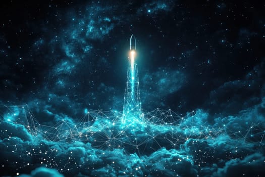 A stunning visual of a futuristic rocket launch set against a cosmic backdrop, enhanced with digital network connections and bright illumination, perfect for themes of exploration and technology.