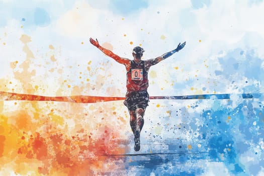 A vibrant and energetic illustration of a runner crossing the finish line, celebrating victory with paint splashes in colorful hues.