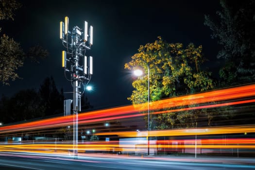 A captivating night scene showcases an illuminated cellular tower amidst urban traffic, with vibrant light trails from passing vehicles creating a dynamic visual effect.